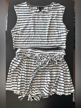 Striped Two-Piece Crop Top and Shorts Set - Black & White